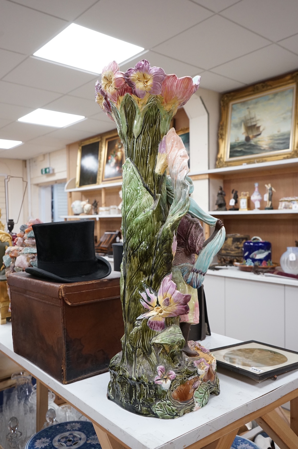 A late 19th century continental majolica floor vase, 74cm